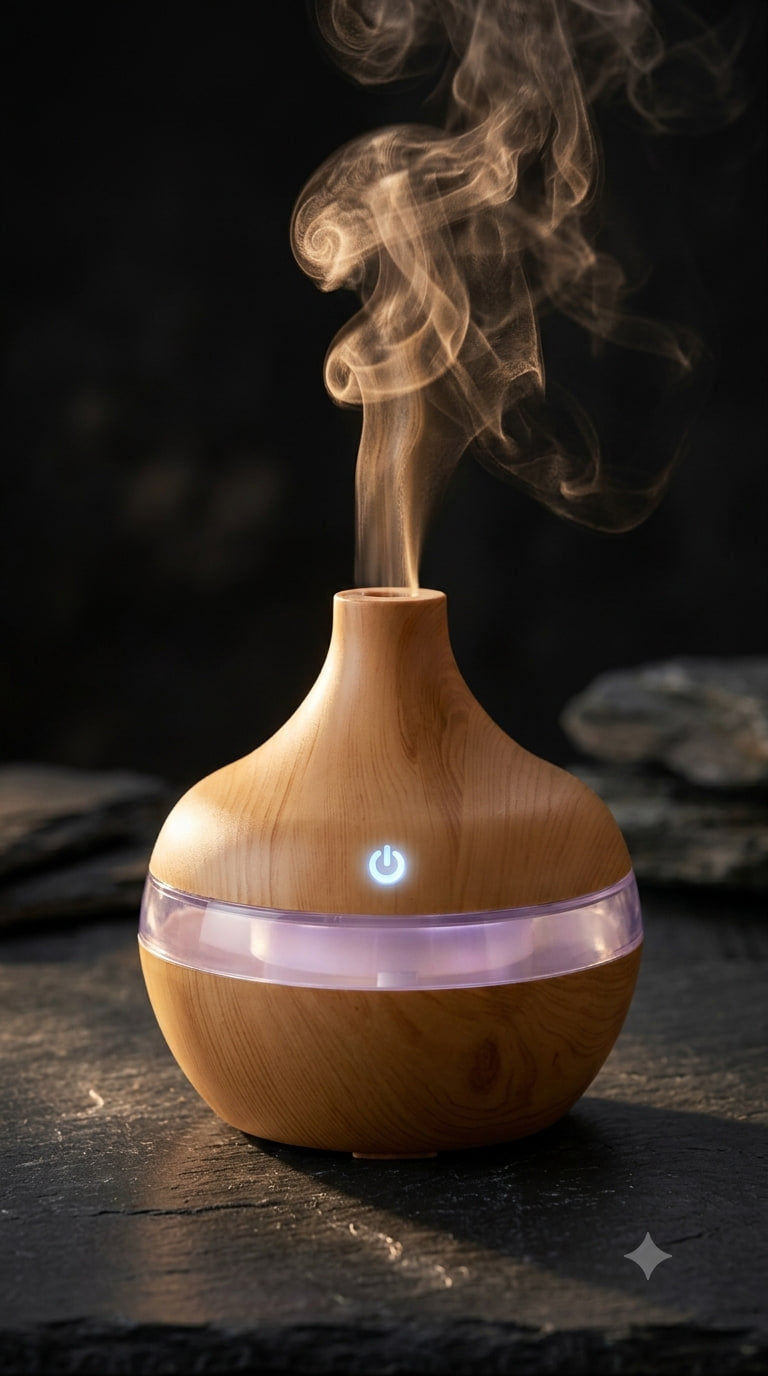 ATMIVA Aura Wood aroma diffuser - wood-finish teardrop with an illuminated ring and rising mist