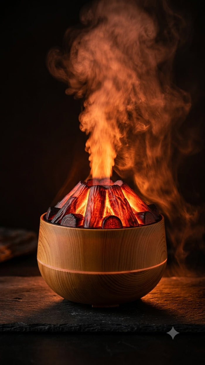 ATMIVA Charcoal aroma diffuser - rounded wood-finish bowl with a glowing flame effect