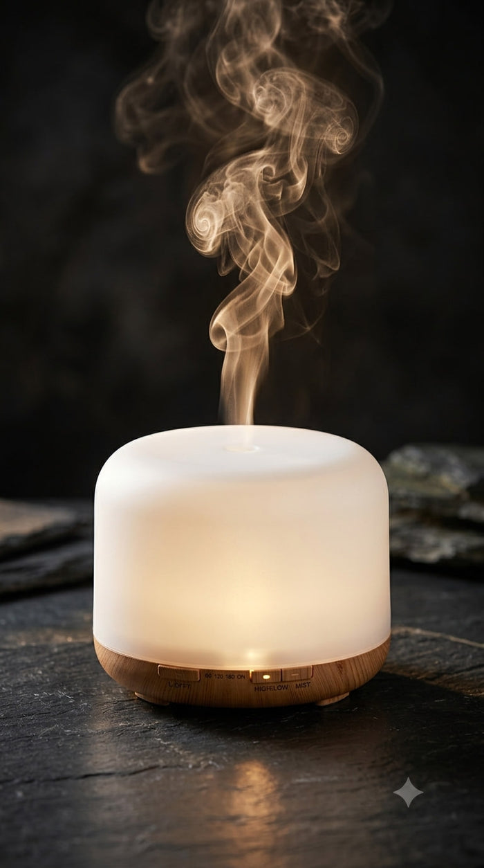 ATMIVA Dome aroma diffuser - frosted white dome on a wood base with rising mist