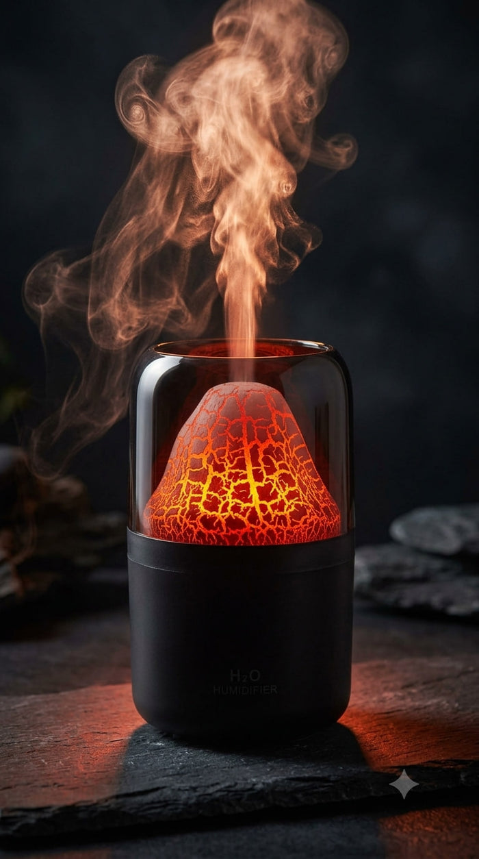 ATMIVA Volcano aroma diffuser - black cylinder with a glowing cracked volcanic cone